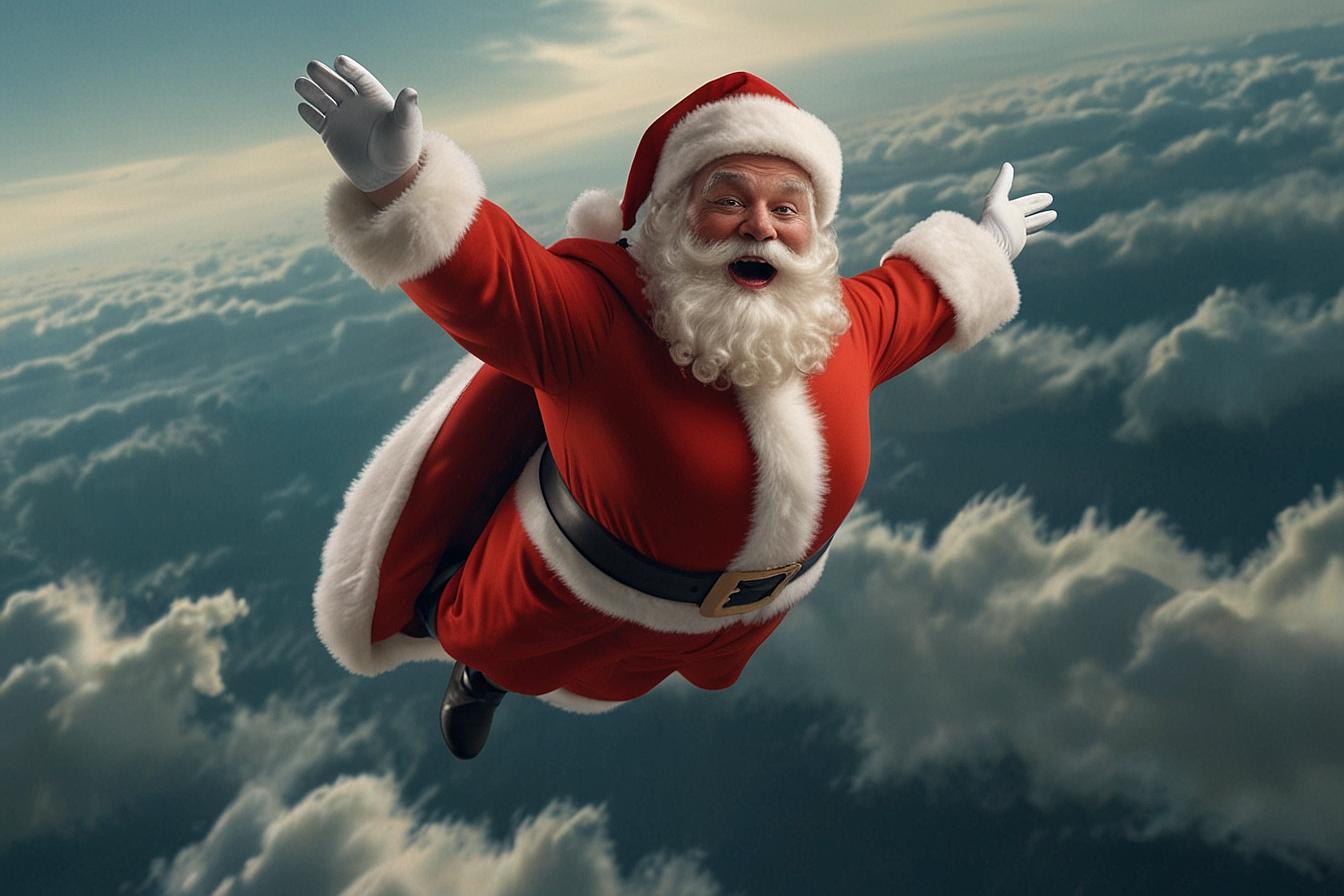 Santa Claus flying like superman